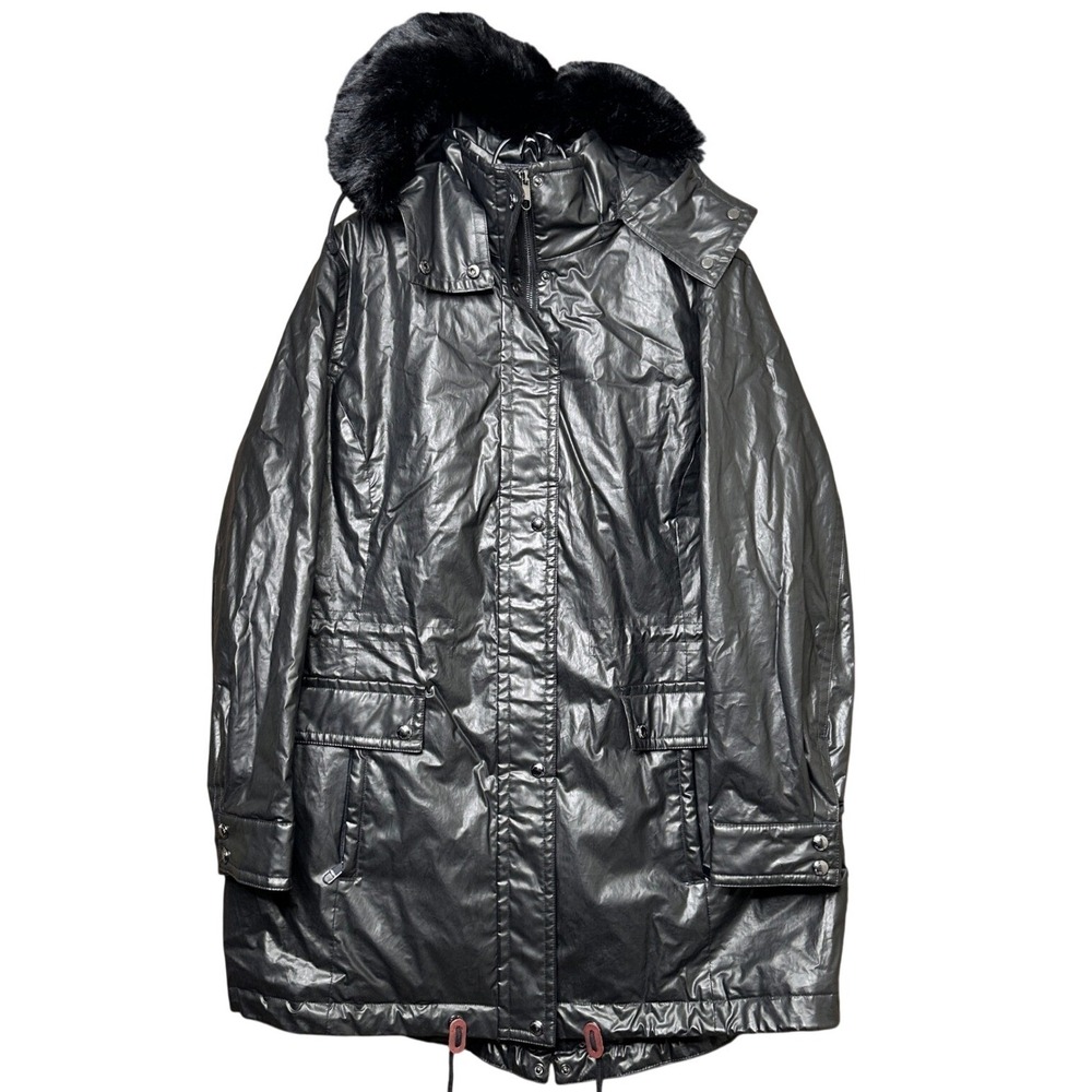 Calvin Klein Parka Rain Resistant Women's Faux Fur Hood Pleather Black 1X Jacket
